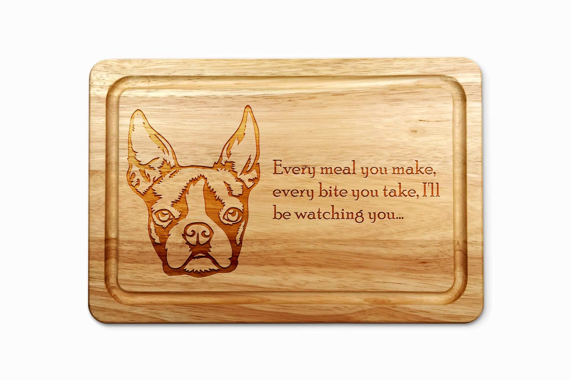 Hardwood Chopping Board with Boston Terrier Dog Design - 30x20 cm Kitchen Cutting Board with Juice Groove - Gift Idea for Him or Her, Christmas & Birthdays - Made in The UK