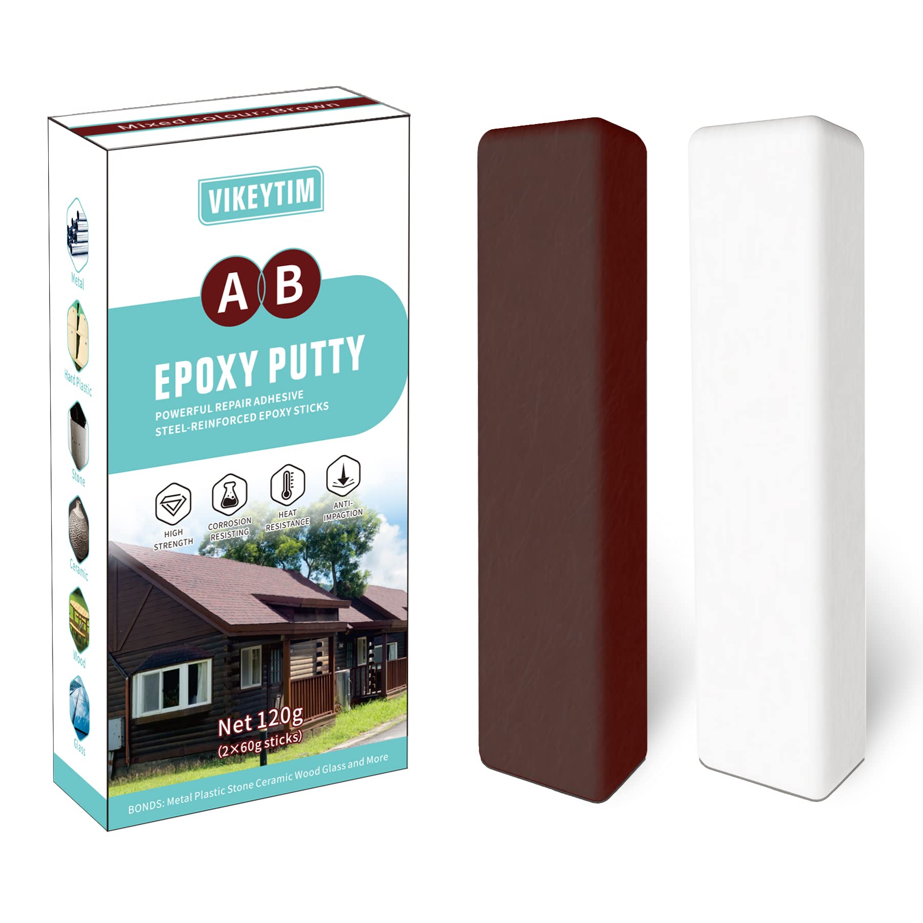 VIKEYTIM Epoxy Putty, 120g 2 Part Fast Repair Epoxy Putty Wood, Metal, Stone, Hard Plastic, Acrylic, Ceramic, Glass Bonding and Repair (Brown)