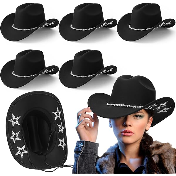 Hercicy 6 Pcs Sparkly Star Cowboy Hat Felt Black Western Hat  display picture 1