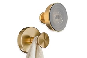 NOVSIX Gold Shower Hooks - 2 Pcs Quick-Mount Rustproof Gold Suction Cup Hooks for Shower, Kitchen, Glass Door, Mirror, Tile - Removable Suction Towel Hook That Holds up to 11Lbs for Loofah, Bath Robe, Towel