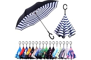 Wxjiahetai Inverted Umbrella, Windproof Reverse Umbrellas for Rain with Reversible Inside-Out Design Large Upside Down Umbrella for Women & Men with C-shaped Handle (Blue Stripes)