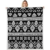 Tribal Boho Aztec Throw Blanket For Men Women Black White Ethnic Bohemian Fleece Blanket Throw 50"X60" Western Southwestern Sherpa Blanket Geometric Diamond Fuzzy Blanket Rustic Farmhouse Room Decor