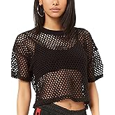 CLOZOZ Women's Mesh Crop Top See Through Fishnet Shirt Crew Neck Sheer Cover Up