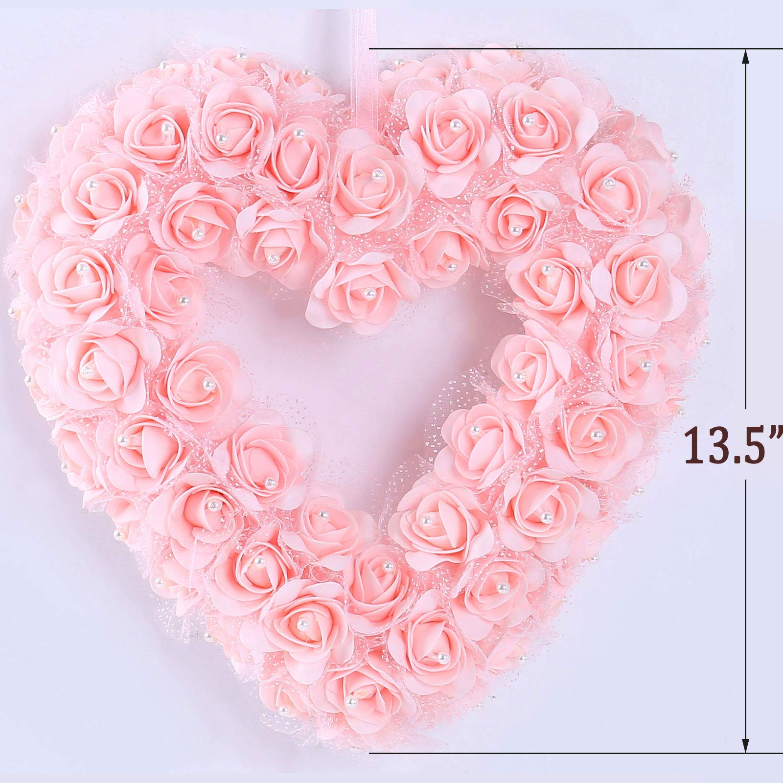 idyllic Heart Shaped Wreath Floral Rose Artificial Garland Door Wreath for Home Wedding Valentine's Day Decoration, Pink, 14 inches