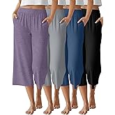 Neer 4 Pack Women's Capri Pants Wide Leg Capris Yoga Sweatpants Lounge Loose Fit High Waist Workout Cropped Pants with Pocket