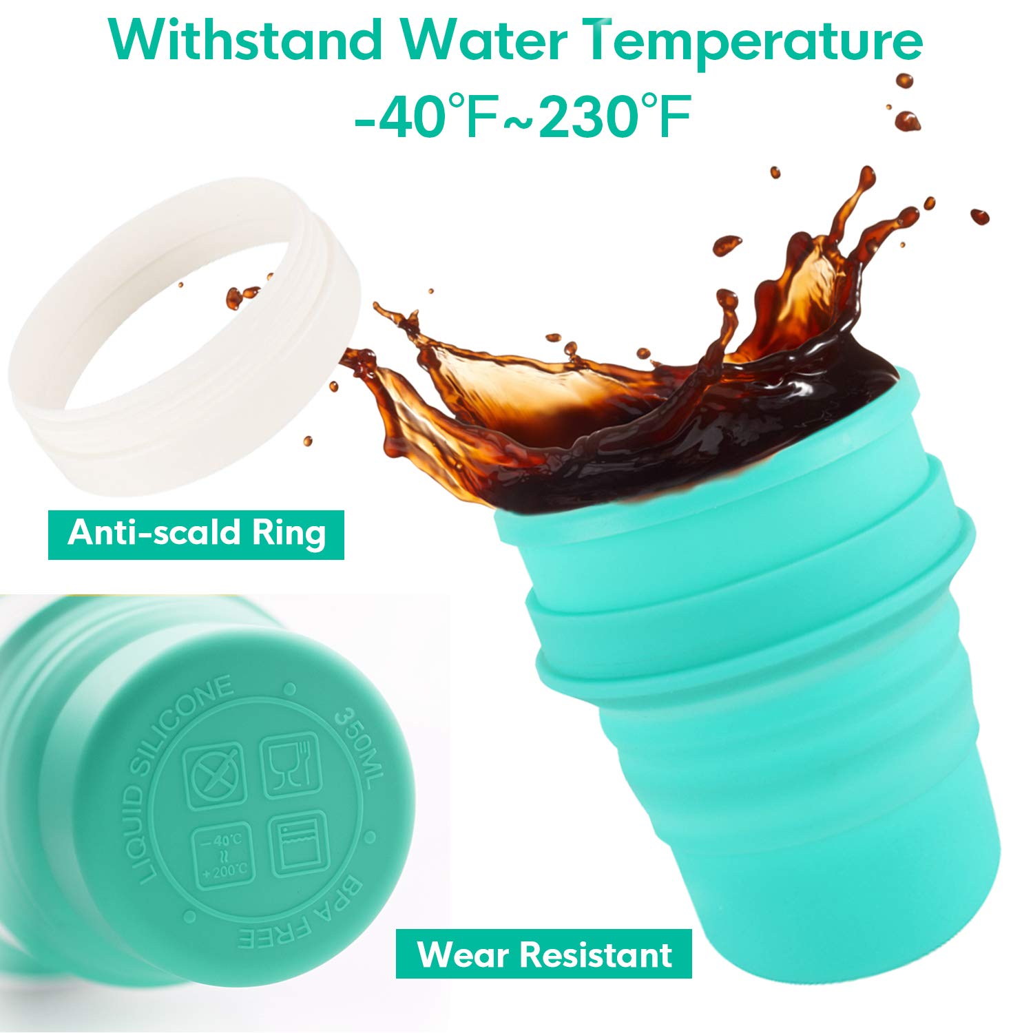 Idealife Collapsible Silicone Travel Cup Foldable Cup with Straw and Lid Folding Cup for Camping Travel Outdoor Office BPA Free 350ml/11.8oz (Green)