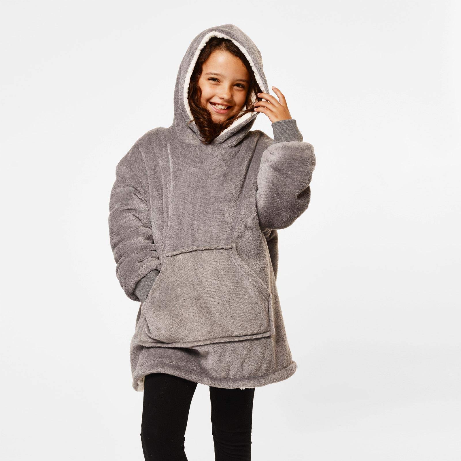 Sienna Kids Hoodie Blanket Oversized Ultra Soft Plush Sherpa Fleece Wearable Warm Throw Cosy Pull Over for Boys Girls Children - Charcoal Grey