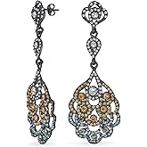 Vintage Style Bridal Wedding Dangling Holiday Party Waterfall Long Lace Flower Bow Crystal Prom Chandelier Statement Earrings For Women Pink Rose Gold Or Silver Plated