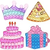 QETRABONE 4 Pcs Birthday Cake Crown Fidget Toys for Girl, Pop Fidget Toys Gift Bubbles Toy, Pizza Silicone Fidget Sensory Squeeze Bubbles Toy, Stress Relief Anti-Anxiety Autism
