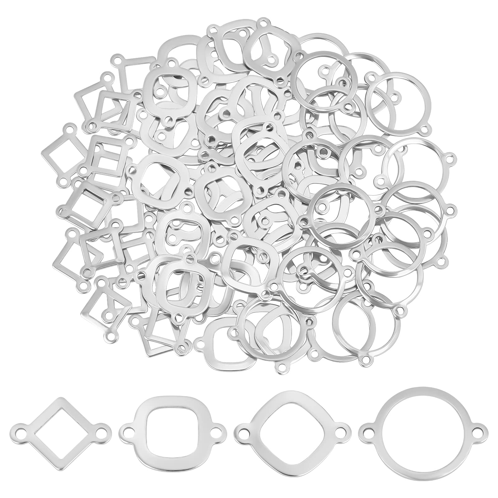 UNICRAFTALE about 80Pcs Metal Oval/Square/Rhombus/Flat Round Links Connectors Charms 201 Stainless Steel Jewelry Connector Charms 1.6mm Hole Double Hole Charms for Bracelets Necklace Making