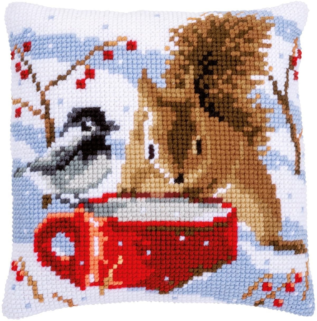 Vervaco Cross Stitch Embroidery Kits Cushion Embroidery Set Beginners Pre-Printed Squirrel & Tit DIY Set Creative Set for Adults 40 x 40 cm Craft Kit Craftsman Home Decoration