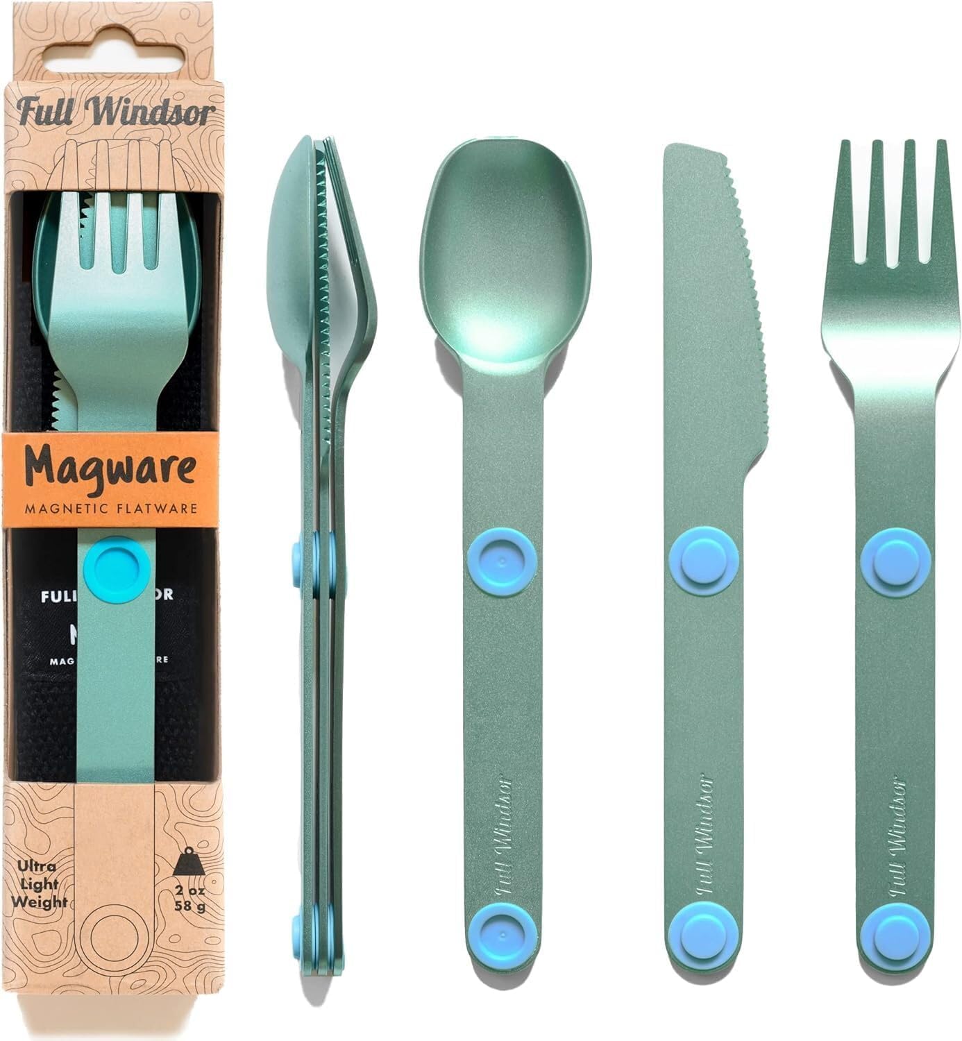 Photo 1 of FULL WINDSOR – MAGWARE- Magnetic Camping Cutlery Set- Travel Silverware with case, Kids Lunch Box Set, Outdoor Flatware Utensils, Portable Repurposable Essentials Knife, Fork & Spoon- Turquoise (3PCS)