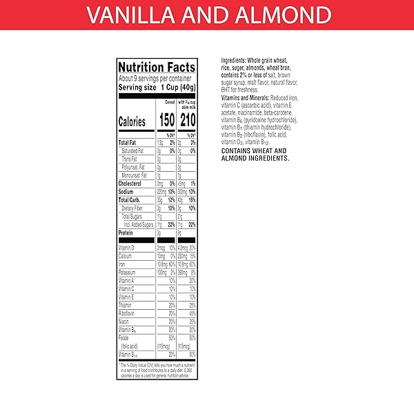 SPECIAL K COLD BREAKFAST CEREAL, 11 VITAMINS AND MINERALS, MADE WITH REAL ALMONDS, VANILLA AND ALMOND, 12.9OZ BOX (1 BOX)