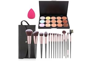 Pure Vie 15 Colors Hydrating Full Coverage Correcting Concealer Palette Camouflage Makeup Contour Kit for Conceals Corrects Dark Circles Acne + 24 Pcs Foundation Powder Concealer Eyeshadows Brushes