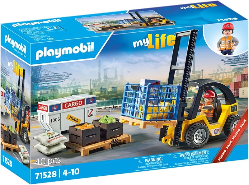 Promo Pack 71528 Chariot élévateur avec matériel - Pour déplacer des charges lourdes - Comprend un transpalette et des palettes avec des colis et des sacs de café- Univers myLife - Dès 4 ans