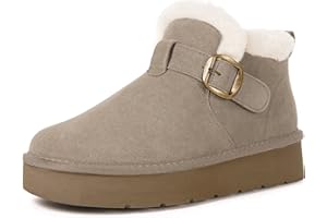 Womens Snow Boots Genuine Suede Leather Mini Boots Anti-Slip Outdoor Winter Ankle Booties Water Resistant Warm Faux Fur Linin