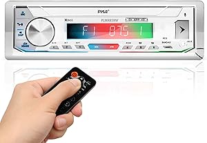 Pyle Marine Stereo Receiver Power Amplifier - AM/FM/MP3/USB/Aux/SD Card Reader Marine Stereo Receiver, Single Din, 30 Preset Memory Stations, LCD Display with Remote Control - PLMRB39W
