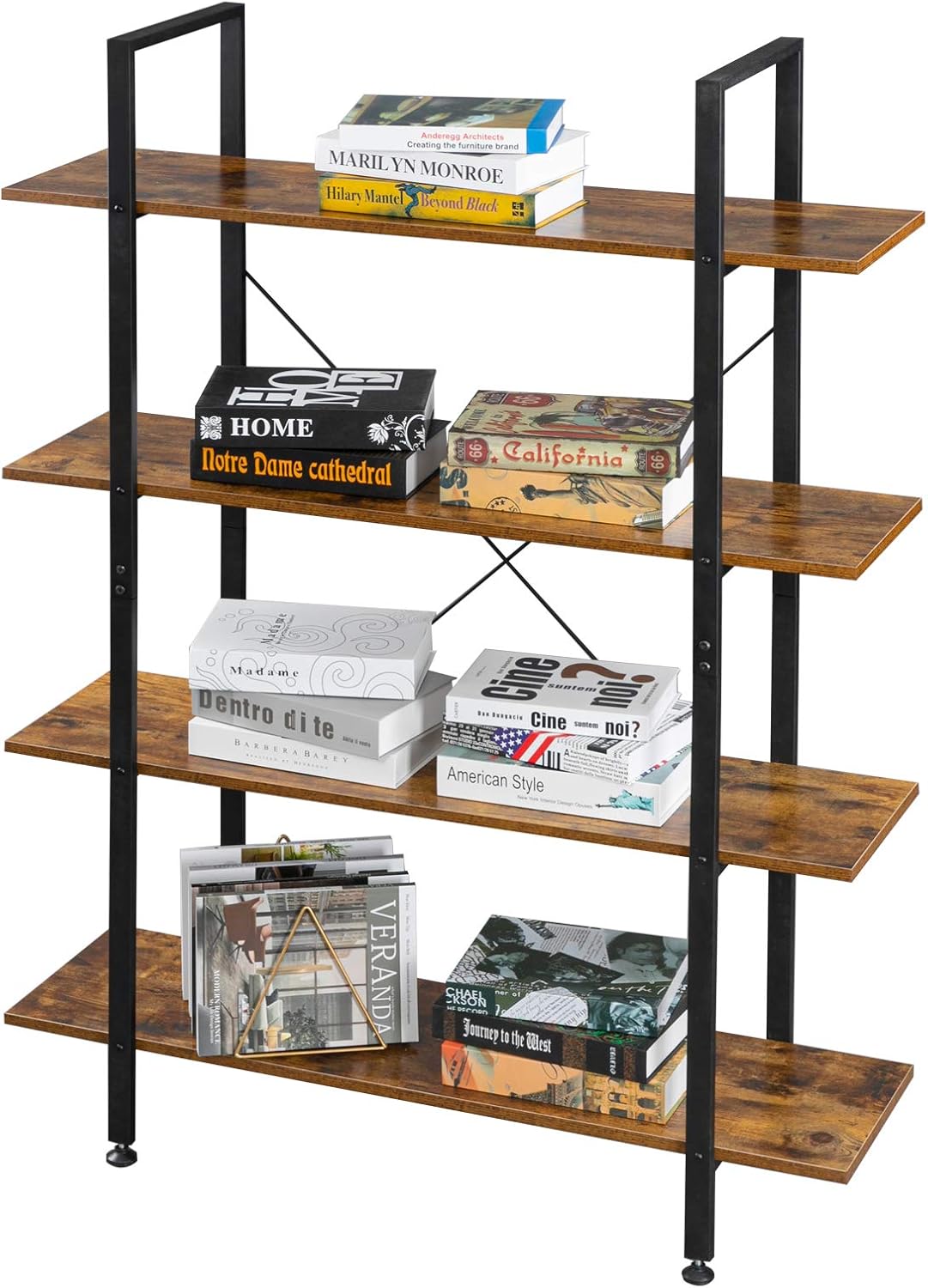 VINGLI Industrial Bookcase 4-Tier Vintage Etagere Bookshelf with Black Metal Frame and Rustic Brown Wood Open Book Shelf for Home Office Study