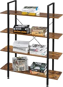 VINGLI Industrial Bookcase 4-Tier Vintage Etagere Bookshelf with Black Metal Frame and Rustic Brown Wood Open Book Shelf for Home Office Study