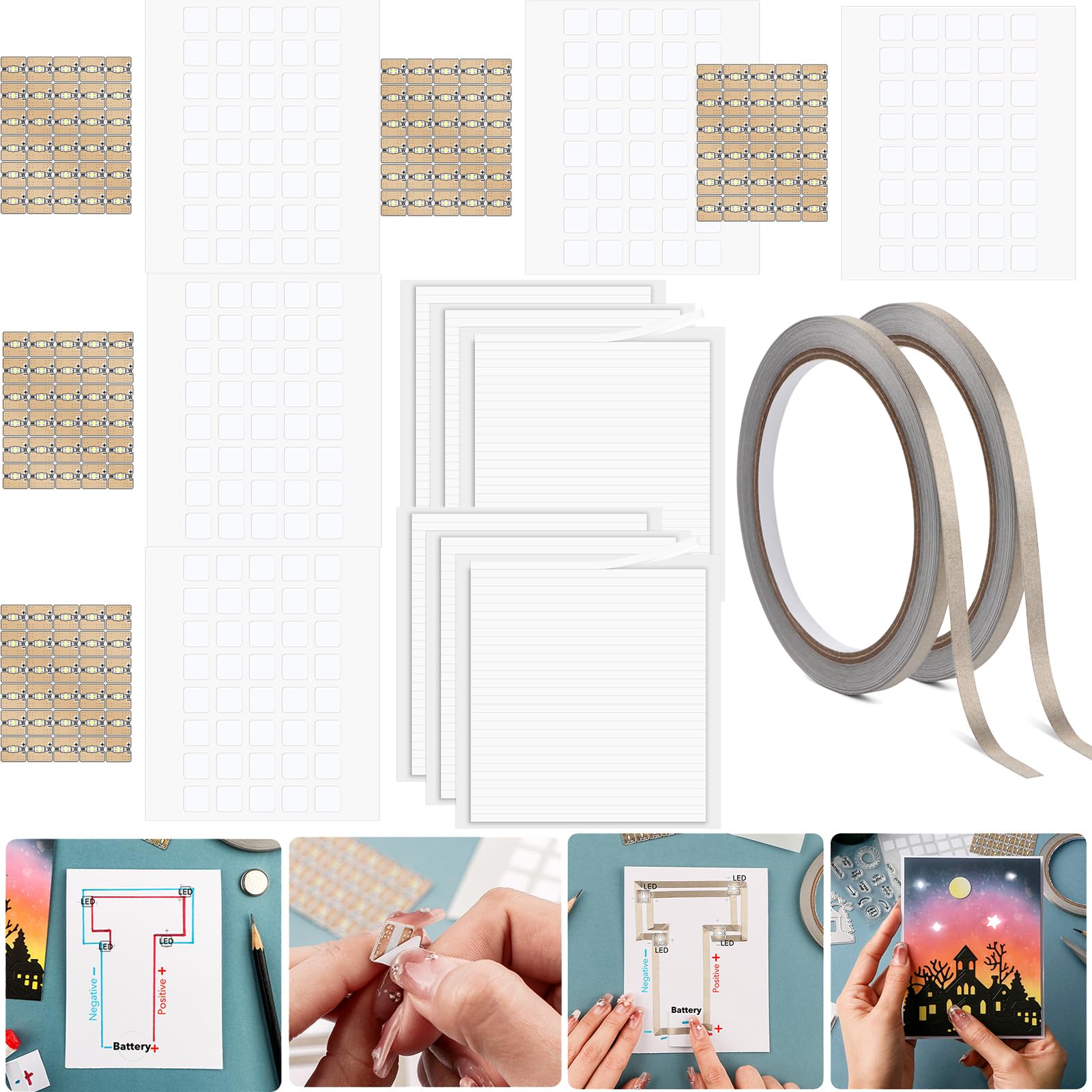 150PCS White LED Circuit Stickers and Conductive Fabric Tape,Light Craft Kit Mini Starter Kit for Crafts Projects Add Lights to a Christmas Tree,Light up a House,Create a Spooky Scene with a Ghost