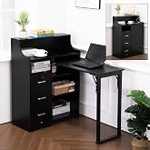 Zethvax Folding Desk with Storage, Small Hidden Desk with Lockable Drawers &amp; Shelves, Built-in Outlet,Fold Out Desk for Study and Home Office