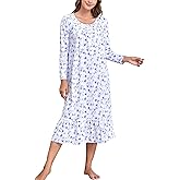 MZROCR Cotton Nightgowns for Women Soft Long Sleeve Night Gowns for Adult Women Comfy Night Shirts Lightweight SleepwearBlue morning glory on white Small