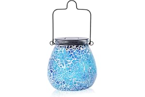 Bshine Mosaic Solar Lantern Outdoor Hanging Waterproof, Glass Blue Mosaic Light Indoor Decorative Table, Garden Decor for Yard Outside, Path, Courtyard, Lawn, Birthday Gift for Mom Gardening Halloween