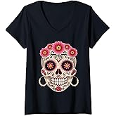 Womens Floral Sugar Skull Flowers V-Neck T-Shirt