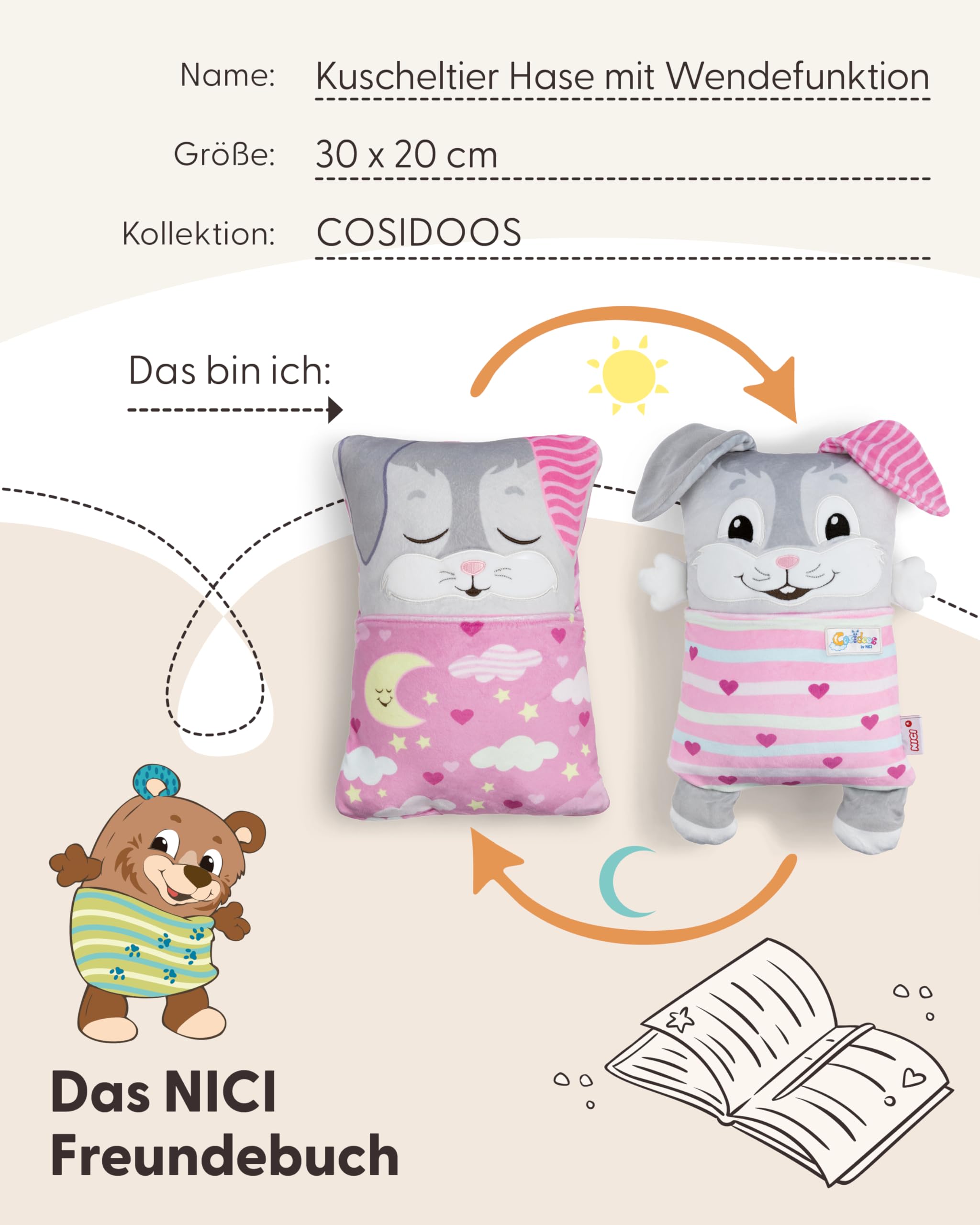 NICI Cosidoo Kuscheltier Hase mit Wendefunktion 30x20cm - grau - Weiches Plüschtier – Für kleine Kuscheltierliebhaber zum Kuscheln & Spielen. Ideal für Zuhause, den Kindergarten oder unterwegs - 62294 5