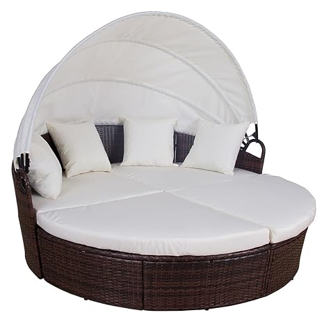 SVITA Eivissa Poly Rattan Sonneninsel Ø 180 cm Garten-Insel Liege Sonnenliege Gartenliege Gartenset Segel Dach Sonnenschutz (