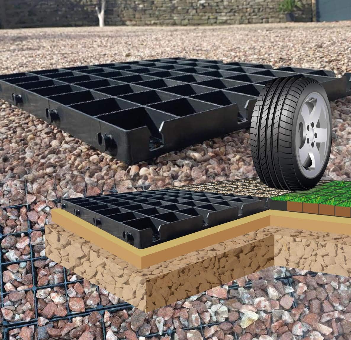 DRIVEWAY GRIDS X28 = 7 SQUARE METRE OF GRAVEL GRIDS + HEAVY DUTY WOVEN MEMBRANE GRAVEL GRIDS