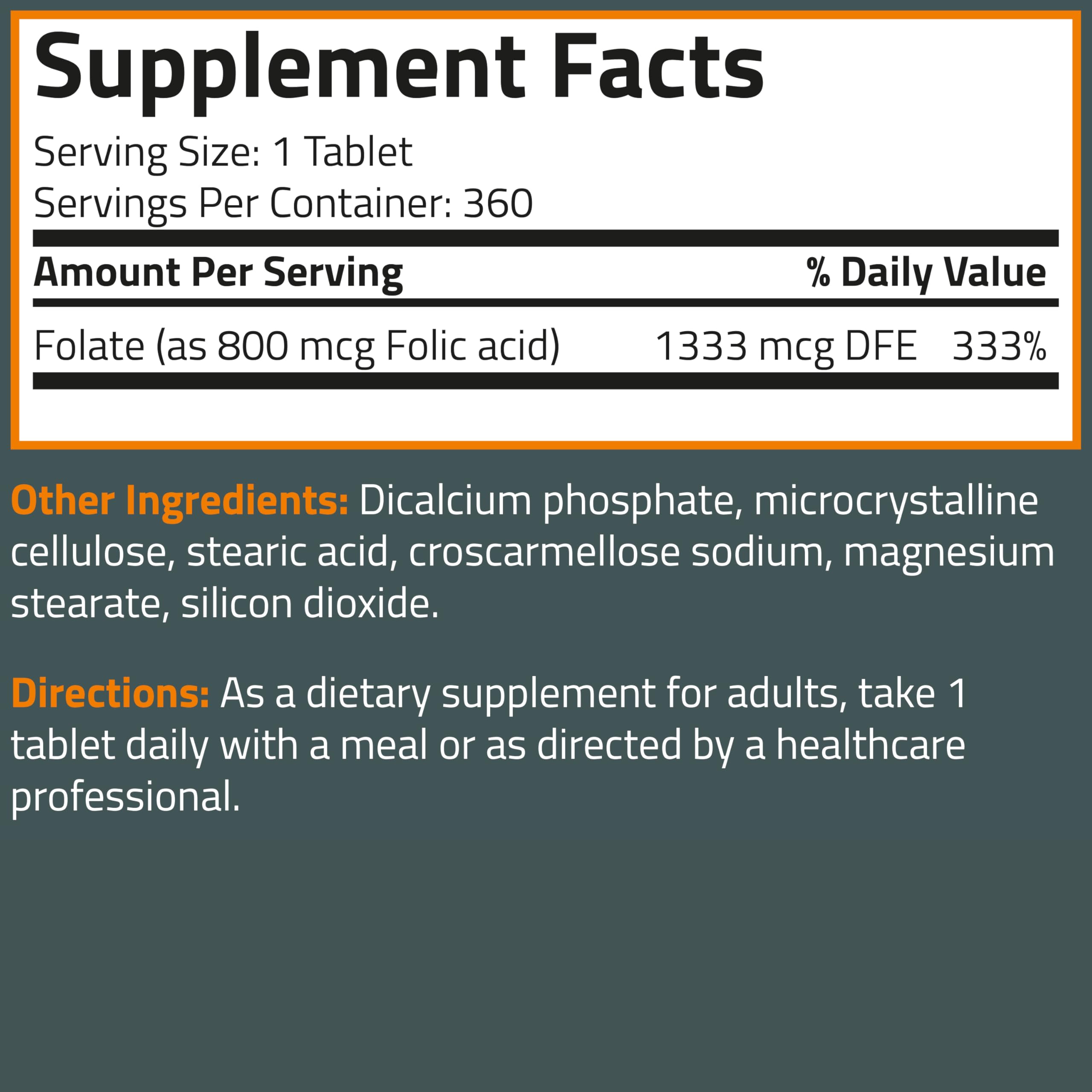 Bronson Folic Acid 800 MCG Supports Prenatal Development, 1 Year Supply, Non-GMO, 360 Tablets
