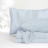Wake In Cloud - Striped Bed Sheets, 4-Piece Sheet Set, Ticking Vertical Pin Stripe Modern Farmhouse Pattern Printed Bedding, Deep Pocket, Blue White, Queen Size