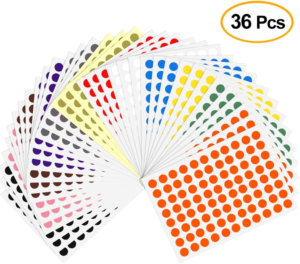 Kuuqa 36 Sheets 8mm Color Coding Labels Small Round Dot Stickers Sticky Marking Labels (3168 Dots), Multicolor, 8 millimetres