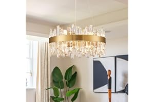 Siljoy Modern Crystal Chandelier, 12-Light Luxury Round 2-Tiers K9 Crystal Raindrop Chandelier, Brushed Brass Gold Crystal Pendant Ceiling Light for Living Dining Room Kitchen Island Foyer D19.7''