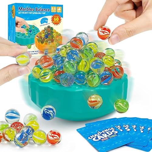 Marbles Balance Game for Kids- 60 Colorful Marbles and 15 Challenge Cards, Fun Family Board Games for Kids & Adults, Christmas Party Favors Game for Teens, Birthday