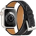 Bestig Bands Compatible with Apple Watch Band 49mm 46mm 45mm 44mm 42mm(Series 3 2 1) Women Men, Genuine Leather Double Tour Slim Strap for iWatch Ultra SE Series 10 9 8 7 6 5 4 (Black+Starlight)