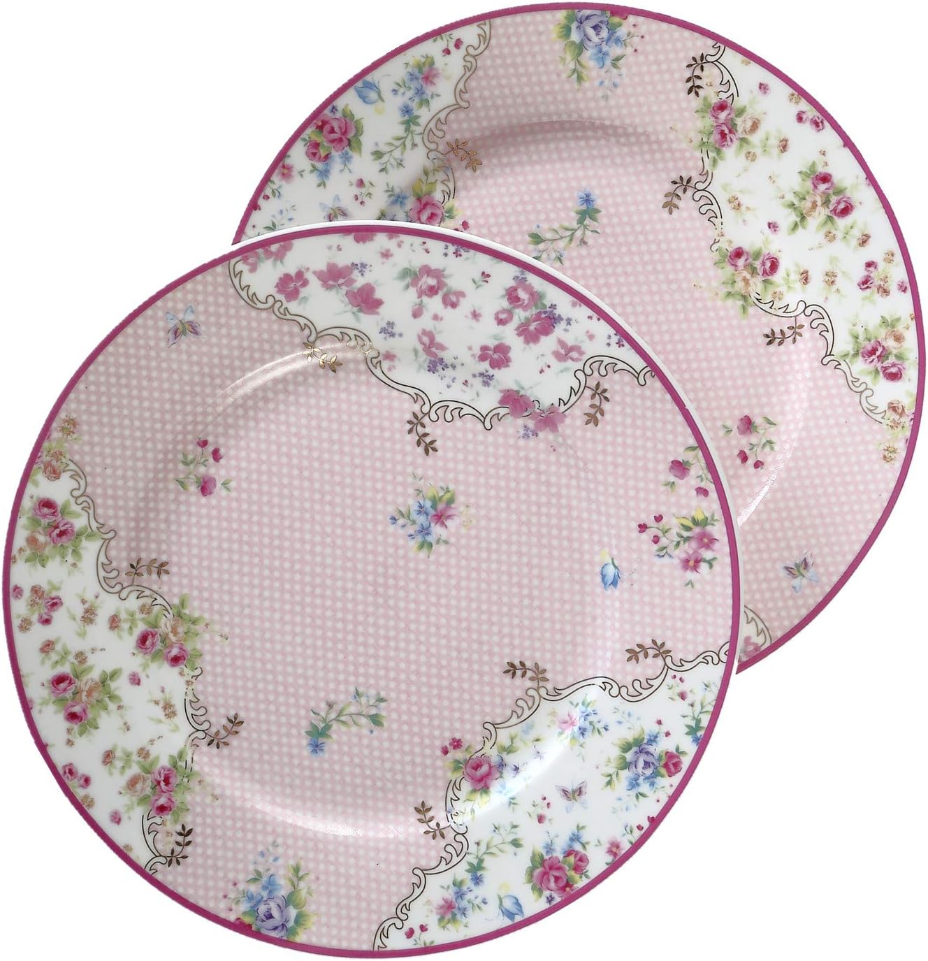 Salad/Dessert/Bread&Butter Plate Bone China Set of 2, 8-Inch Vintage Rose Plate - Unique Gift for Women, Mothers' Day, Anniversary, Birthday and Holiday (Pink)