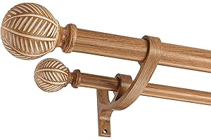 Mayrhyme Wood Double Curtain Rods Set for Windows 36 to 72 Inches (3 to 6 ft), Adjustable Heavy Duty Dual Drapery Rods, 1 Inch Boho Rustic Decorative Design with Imitation Wood Grain Leaf Finials