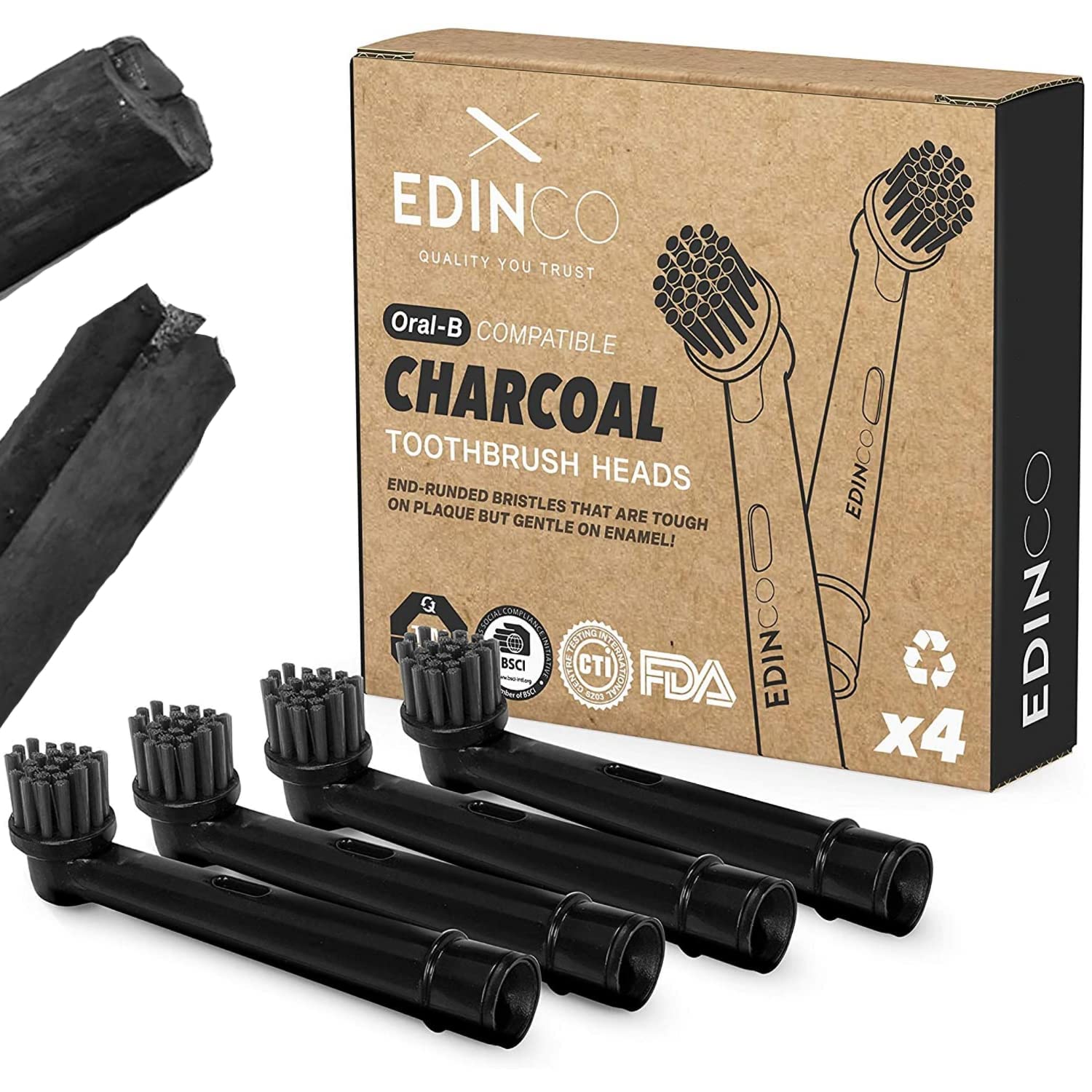 Edinco Recyclable Charcoal Toothbrush Heads for Oral B (4/8 Pack) Black | Sensitive Deep Clean, Plaque Removal, Whitening | Fits Pro, Vitality, Triumph (Not iO), (4 Pack)