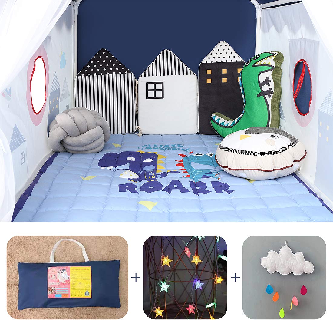 Kids Tents Indoor Playhouses Boys 9.9Ft Star String Lights Blue Tent for Upgraded Large and Longer Curtain with Colorful Accessories Decoration 50.4