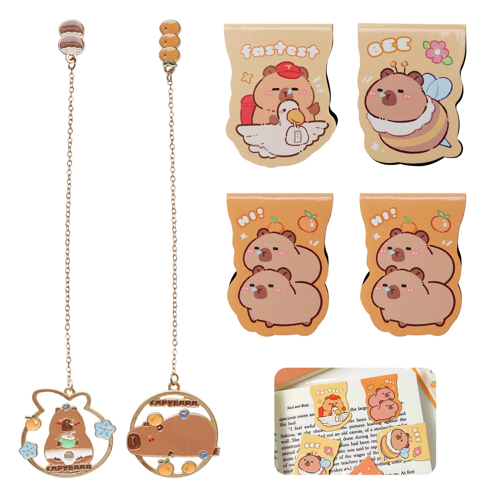 Capybara Book Mark Kit - 4 Magnetic & 2 Metal Assorted Kawaii Cute Bookmarks for Women, Men, Adults, Kids, School, Office Supplies