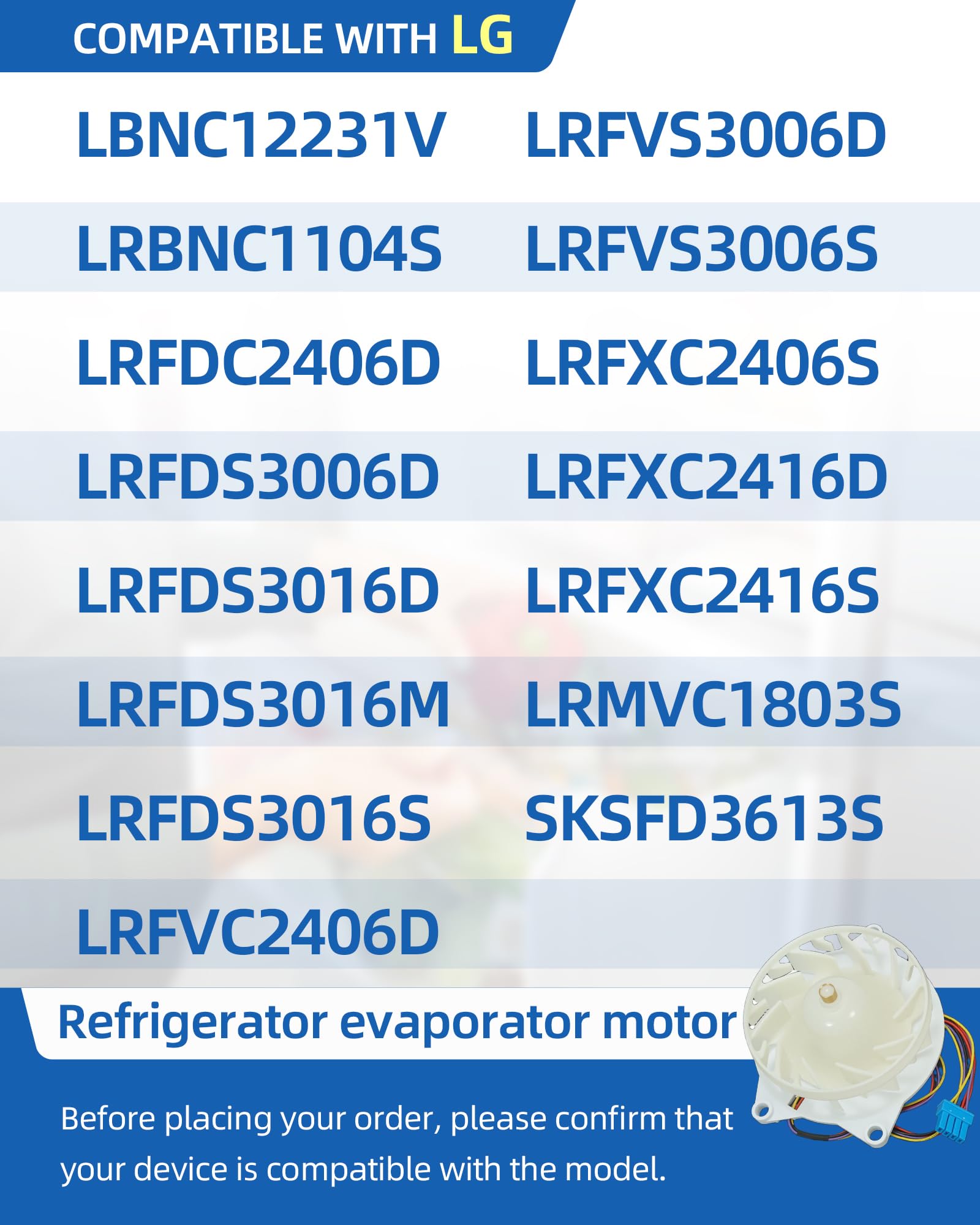 Condition photo showing New/Like New for lrfds3016d lrfds3016s evaporator fan motor assembly fit for lg refrigerator lbnc12231v lrfvc2406d lr
