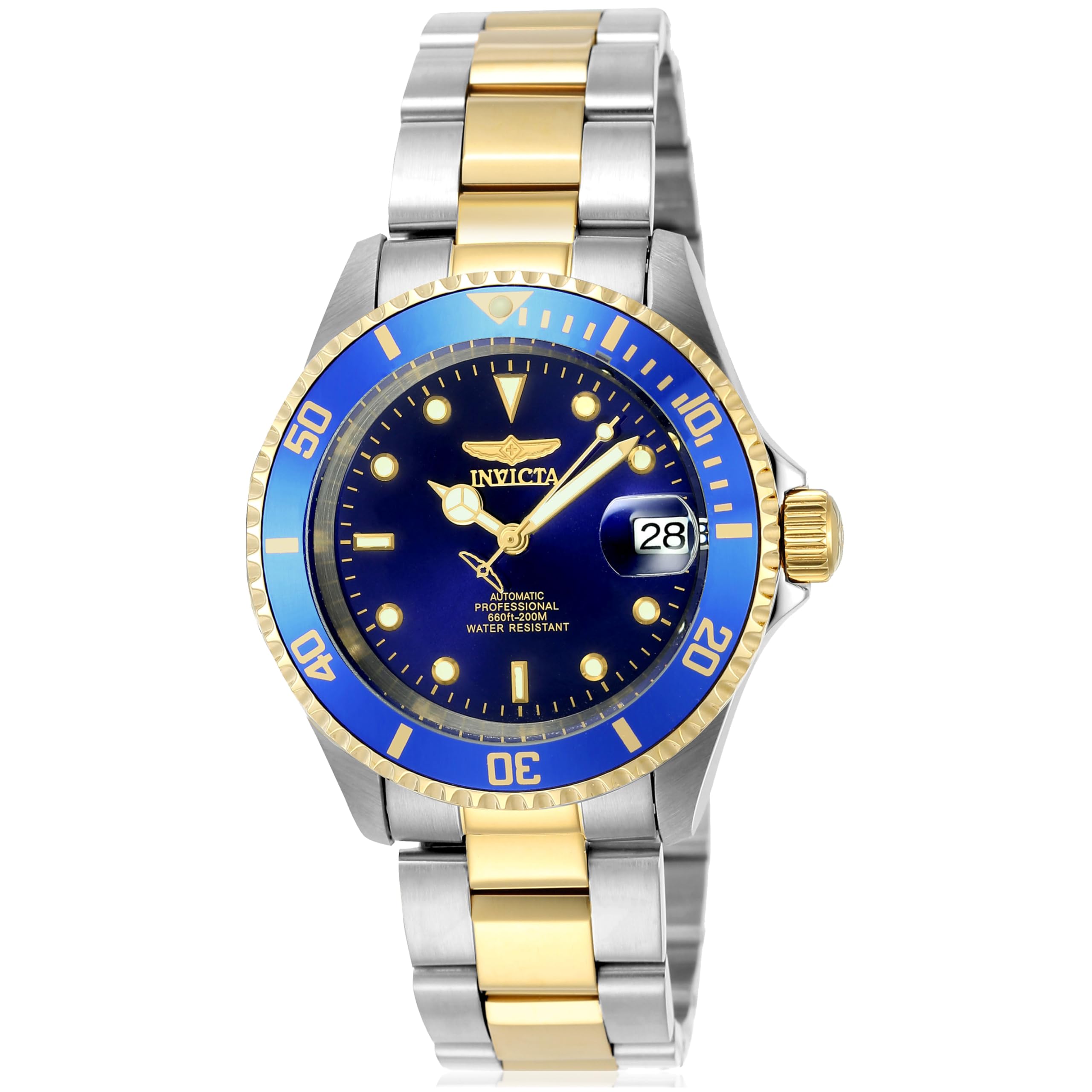 Reloj automático Invicta Pro Diver de 40 mm de acero y acero inoxidable en tono dorado con bisel con borde de moneda, dos tonos/azul (Modelo: 8928OB)
