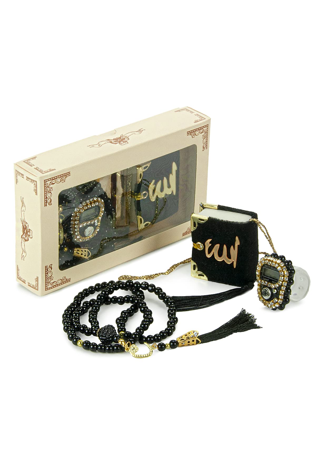 İhvan Online Mini Velvet Quran Set with Islamic Finger Counter, Portable Digital Tasbeeh, Muslim Prayer Beads, Pearl Zikirmatic Beads, 3 Pieces Gift Set for Mevlüt (Black)