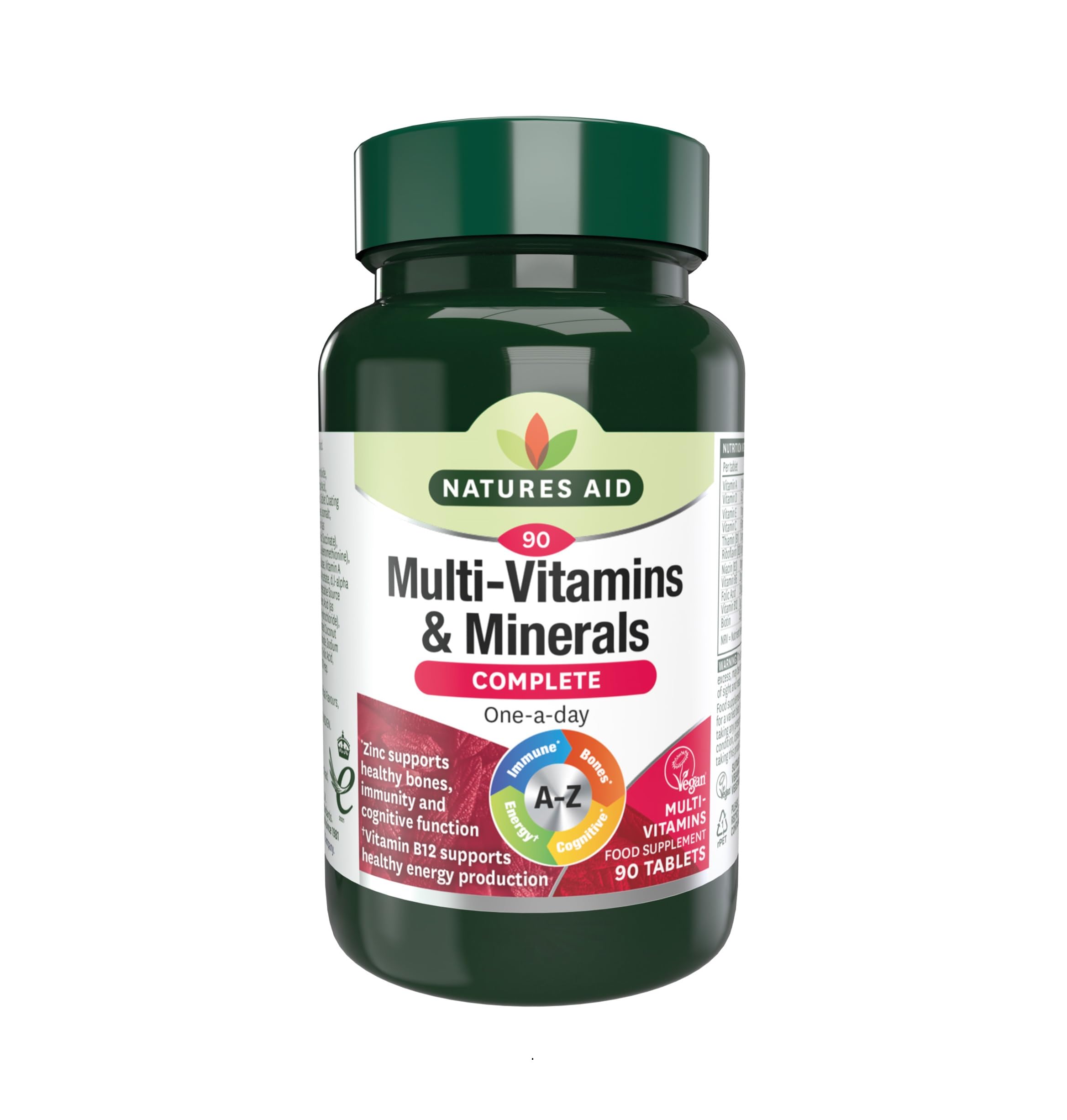 Natures Aid Multivitamins & Minerals – One-a-Day High Potency Daily Multi-Vitamin Supplement inc. B12 & Zinc – Supports Energy, Bones, Immunity, Hair, Nails – Vegan, Non-GMO, Gluten-Free – 90 Tablets