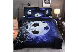 WONGS BEDDING Blue Flame Soccer Duvet Cover Set for Children Boys 3D Printed Football Quilt Cover Set with 2 Pillowcases Fire and Ice Bedding Set with Zipper Closure Queen Size 90" X 90"(Not Comforter)