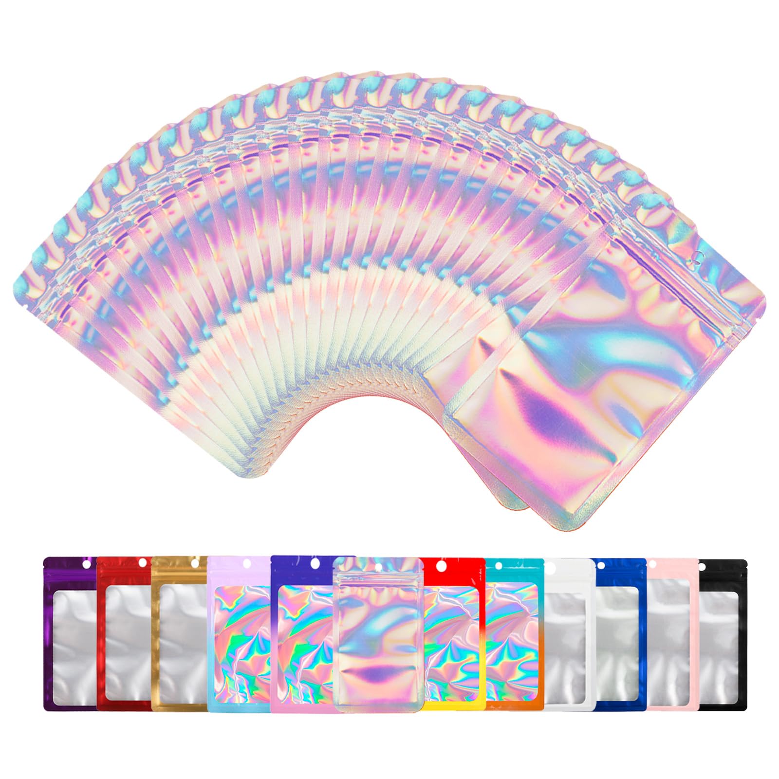 Photo 1 of 100 Pack Mylar Bags with Clear Window,Food Storage Smell Proof Bags,Scratch Resistant Hand Holographic Packaging,Resealable Bags for Small Bussiness Cookies Candy Sample (Holographic, 2.24*3.74 inch)