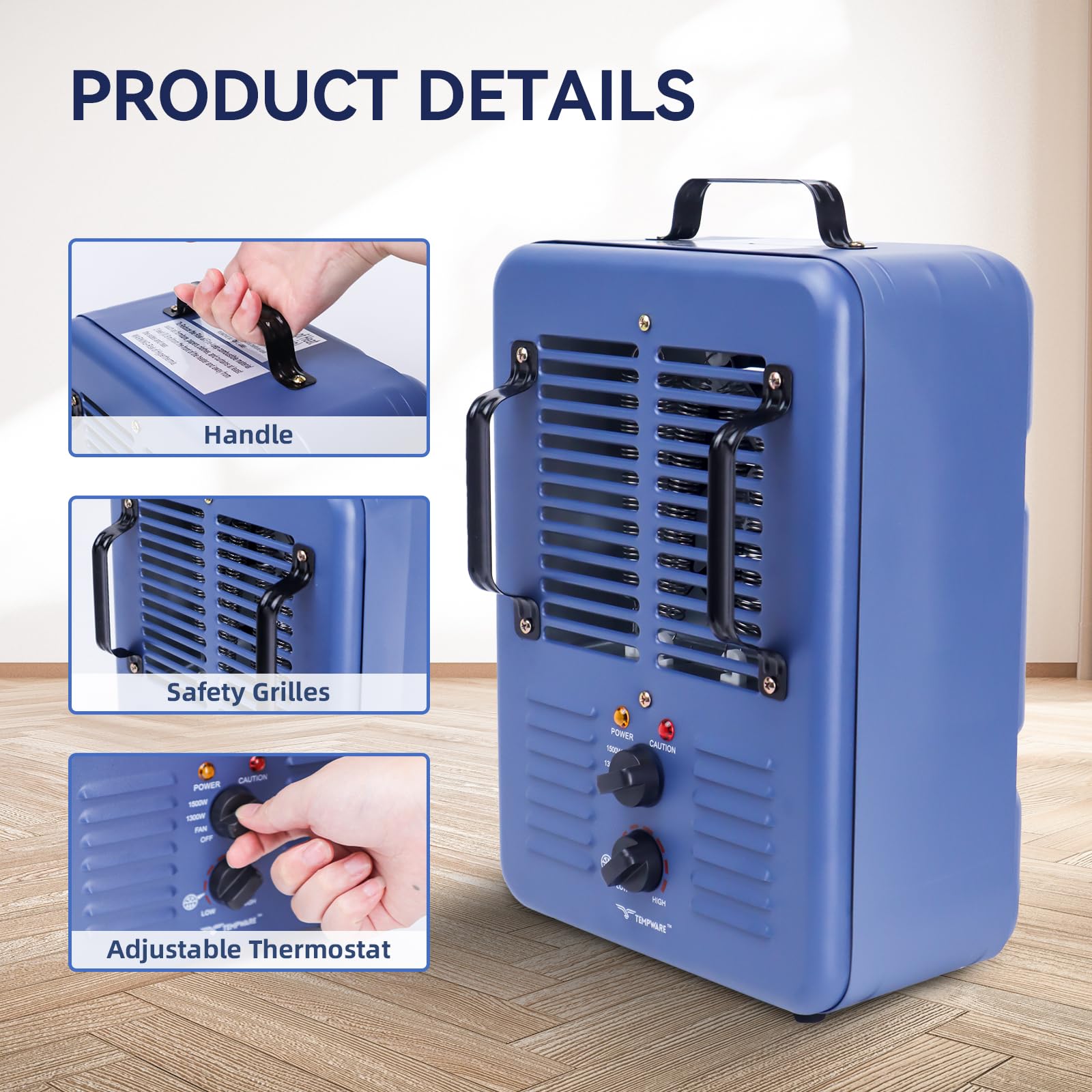 Milkhouse Space Heater, 1300W/1500W Heater with Thermostat, 3 Heat Settings, Safe and Quiet Heater, Anti-Freezing Setting for Garage Workshop Warehouse, Blue