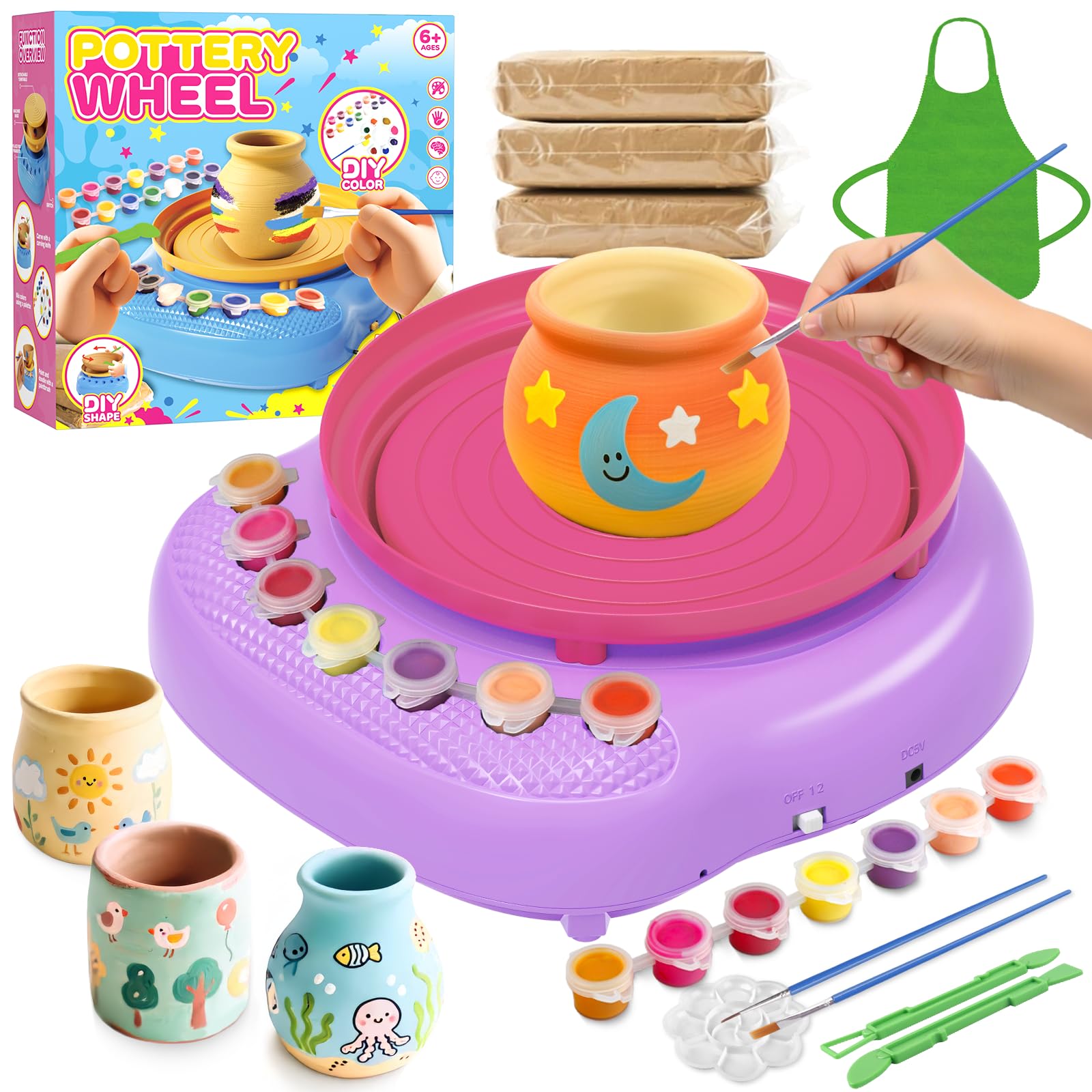 Weilim Pottery Wheel for Kids Ages 6-12 – Complete DIY Pottery Kit for Beginners with 3 Air-Dry Clay Packs and Tools, Arts & Crafts Supplies, Toys Birthday Gift for Boys Girls 6+ Years Old (Purple)